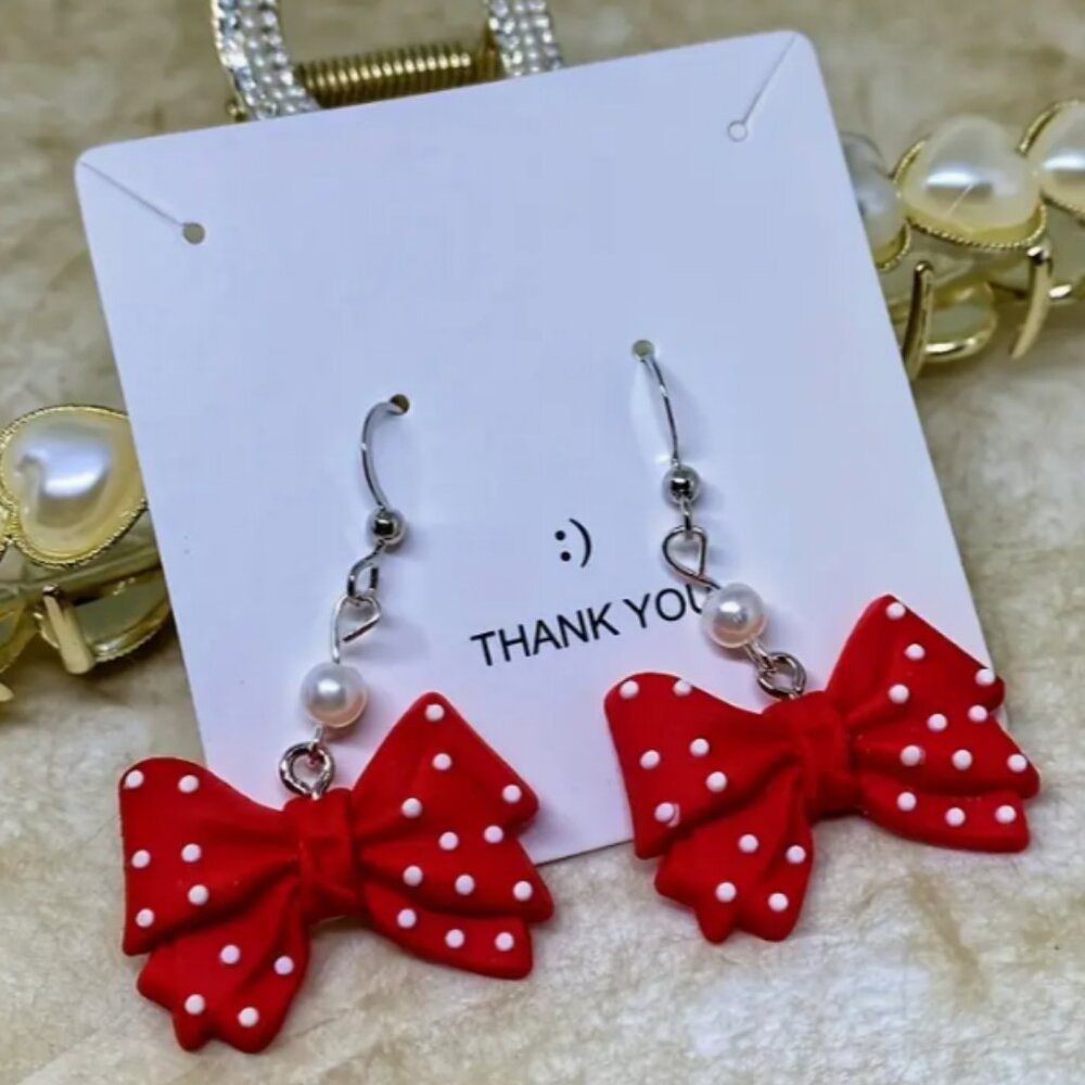 Disney Minnie Mouse Red White Polka Dot Bow Dangle Earrings Faux Pear - Picture 5 of 6